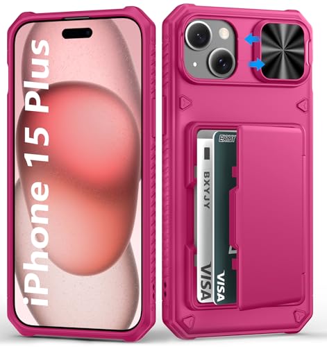 BXYJY for iPhone 15 Plus & iPhone 14 Plus Wallet Case with Card Holder(4-5 Cards), Slide Camera Lens Cover, Military Drop & RFID Protection, Heavy Duty Phone Cases for iPhone 15 Plus/14 Plus, Hot Pink by BXYJY - Used condition - US$14.98