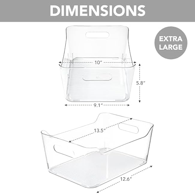 Tiawudi 6 Pack Plastic Storage Bins, Extra Large Pantry Organizer, 13.5 x 10 Clear Storage Containers and Organizer Bins, Multi-Use Bins for Home, Kitchen, Closet and Cabinet
