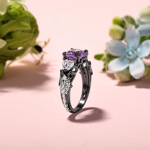 Image of Jeulia Women's Three-Stone Purple Rose Ring, Sterling Silver Black Plated, Shakespeare Inspired Midsummer Night Love-in-idleness Ring, Romantic Gift for Her