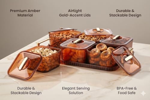 Image of Dry Fruit Serving Set with Tray and Lids, Airtight Container Box, Acrylic Food Grade Candy /Snack Storage for Home /Gifting (6 Pic Set)