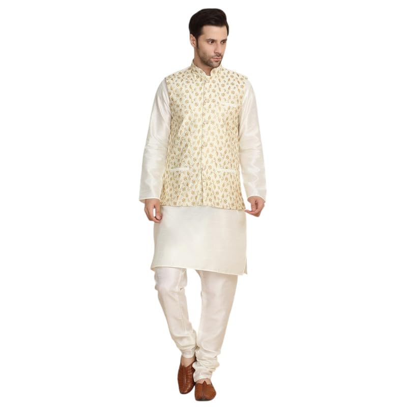 Image of KRAFT INDIA Men's Stylish Silk Kurta with Churidar & Nehru Jacket Set
