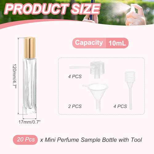 uxcell 10ml Glass Mini Perfume Bottles, 20Pcs Fine Mist Bottle Refillable Empty Mini Spray Bottles with Aluminized Nozzle for Perfume, Travel Liquid, Essential Oil(Clear/Gold)2