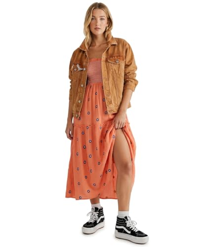 Image of Women Floral Embroidered Maxi Dress Boho Sleeveless Tie Strap Shoulder Dresses Smocked Summer Sundress with Pockets