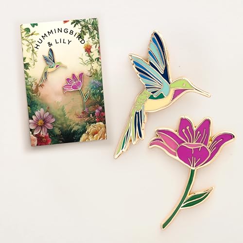 Image of 2 Piece Gift Set - Hummingbird & Pink Lily Flower Enamel Pin, Hummingbird Gifts