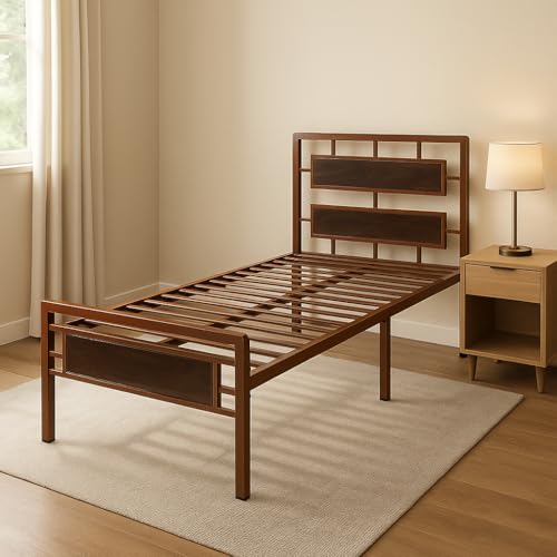Image of Zeek Metal Single Size Bed Without Storage | Wrought Iron Single Bed with Headboard & Footboard| Sturdy Powder Coated Platform Cot for Bedroom, Living Room, (Zeek Brown)