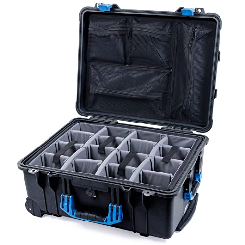 Pelican Color Case Black Pelican 1610 case with Blue Handles & latches. Comes with Grey Dividers & mesh Lid Organizer.