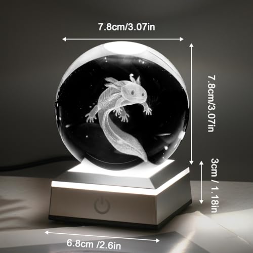 Image of 3D Axolotl Crystal Night Light with Multicolor LED Base Glass Laser Engraved Axolotl Figurines Gifts for Boys Girls Lovers Birthday Christmas Room Decor (Axolotl-1)