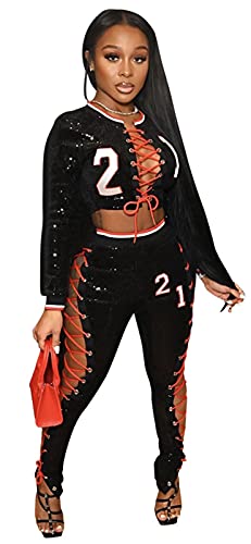 Womens Sexy 2 Pieces Lace Up Sequins Tops T-Shirts Bodycon Pants Party Clubwear Tracksuit Outfits Set(Black,XL)