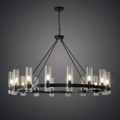 LumaVibe 48" Black Wagon Wheel Chandelier, 16-Light Farmhouse Round Pendant Light Fixture with Glass Shade, Large Hanging High Ceilings Chandeliers for Dining Room Kitchen Foyer Entryway Living Room by LumaVibe - Used condition - US$410.03