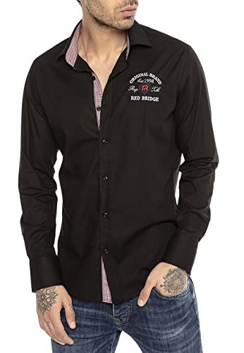 Camisa clásica Manga Larga con Bordado en el Pecho para Hombre Negro M