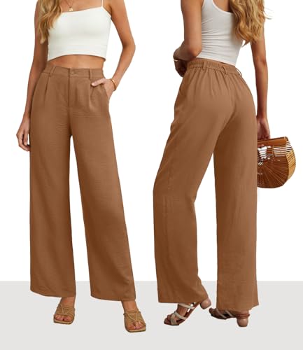 Image of Feiersi Womens Casual Wide Leg Pants High Waisted Button Down Straight Long Trousers Palazzo Pants