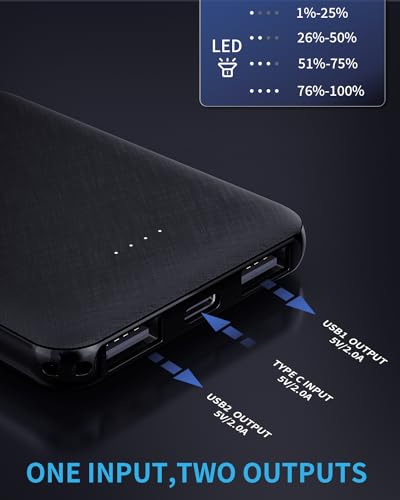 EUARY Power Bank 5000 mAh, piccola e leggera, mini batteria esterna portatile, con cavo, batteria esterna leggera (nero)