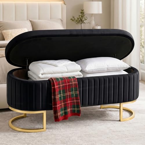 MONNIYU 50.5 Modern Velvet Storage Bench Luxury Channeled Queen Size End of Bed Bench with Hidden Storage and Gold Legs Modern Glam Ottoman Bench for Bedroom Living Room Entryway Black
