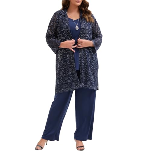Plus Size Mother of The Bride 3 Piece Lace Pant Suit Set Formal Wedding Guest Attire for Weddings Evening Party Occasions4