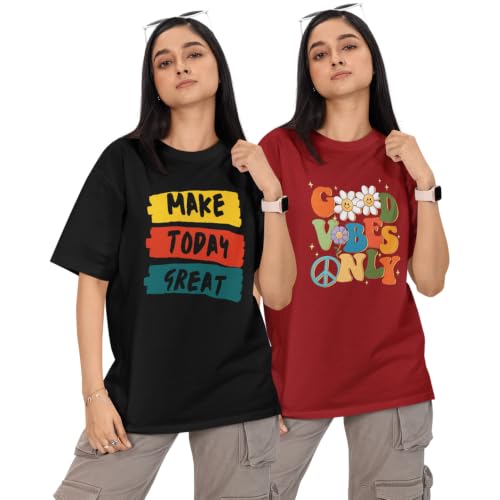 Image of Reifica 100% Pure Cotton Printed Half Sleeve Oversized Tshirts for Women Combo Pack of 2