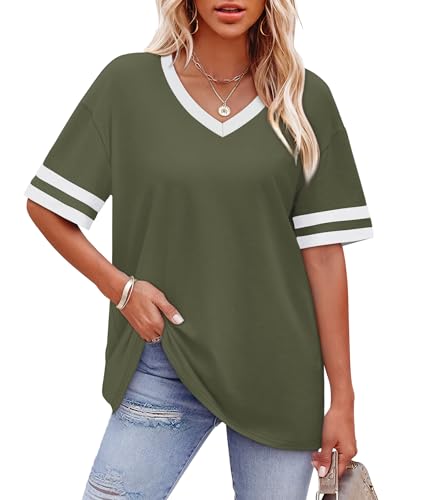 Image of WIHOLL Womens T Shirts Loose Fit Short Sleeve Tees V Neck Color Block Summer Tops 2026 Fashion S-4XL