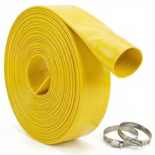 Image of Layflat Water Discharge Hose Pipe with Hose Clips – HosesUK Heavy Duty PVC Flat Hose Yellow 25 Metre (82.0ft) x 76mm (3")