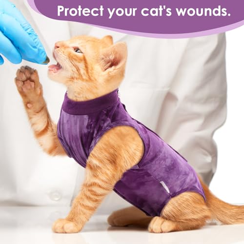 Image of SAWMONG Cat Surgery Recovery Suit,Breathable Cat Onesie After Surgery Spay Surgical,E-Collar Alternative Non-Lick Pet Body Suit Purple M