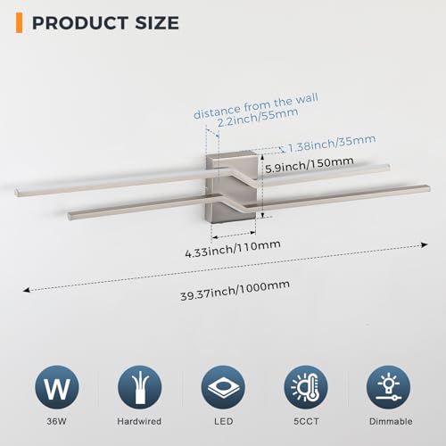 Image of 39.4 Inch Vnaity Lighting Led Bathroom Lights Over Mirror Brushed Nickel Dimmable 5CCT 36W Modern Bath Vanity Lights Bar Wall Sconces