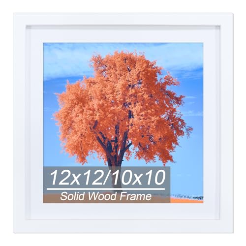 12x12 Picture Frame White Solid Wood Diamond Art Painting Frames 30x30cm Display Pictures 10x10 with Mat or 12 x 12 Without Mat 12x12 Frame for Photos Posters Prints Artworks Puzzles Wall Hanging