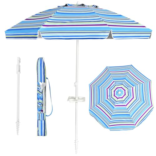 RELAX4LIFE Ombrellone da Spiaggia diametro 220 cm con Vassoio, Ombrellone da Mare Inclinabile a 8 Stecche con Air Vent, Non Base, Non Base, Protezione solare e impermeabile, Borsa di Trasporto Inclusi