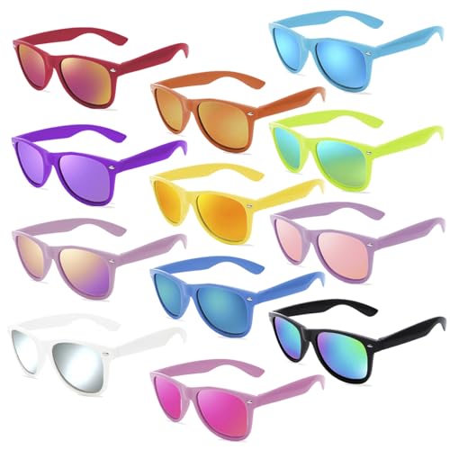 Men and Women's Retro Rewind Neon 80s Sunglasses 12 Packs, Colorful Frames with Reflective Mirrored Lenses，UV400