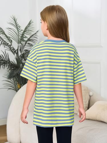 Image of Haloumoning Girls Striped Short Sleeve T Shirts Kids Summer Oversized Tops Casual Crewneck Tees 5-14 Years