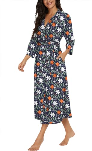 Image of VINTATRE Robes for Women Long Knit Bathrobe XS-4XL | 3 /4 Sleeve Bathrobes with Pockets, Stretchy and Lightweight Fabric, Inner Tie and Fixed Outer Matching Belt, Mid Calf Length