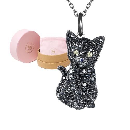 SCAMPER & CO Cat Cubic Zirconia Kitty Charm Pendant Necklaces for Women - Genuine Gemstone with Elegant Backplate, Premium Plated Sterling Silver Necklace for Women Secure Easy Closure 18 to 20 inch