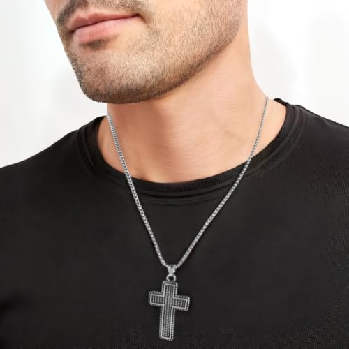 Cross Necklace for Men, Stainless Steel Christian Cross Pendant Necklaces for Men, Silver Chain Necklace for Men, Fade-Resistant, Stylish Jewelry Gift for Him