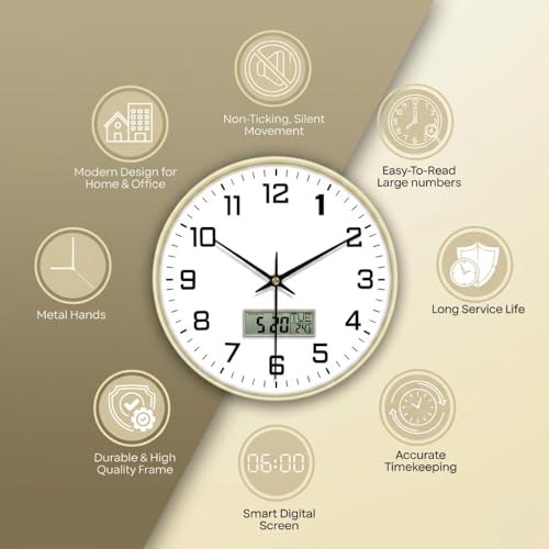 Image of Ash & Roh 12 Inch Silent Quatrz and Non-Ticking Wall Clock with Easy to Read Number and Analog Display Stylish & Decorative Design for Office, Living Room, Bedroom