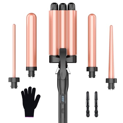 BESTOPE PRO - Rizador de pelo (3 barriles, varios ajustes de temperatura, con indicador LED, 5 en 1, para ondas grandes, calentamiento rápido con un guante, 2 clips)