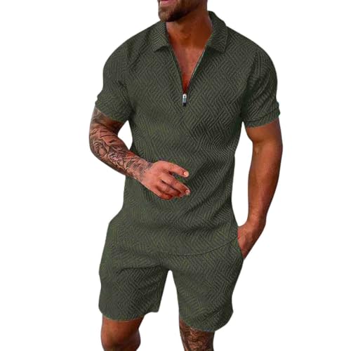 Genérico 2026 Traje informal de dos piezas a para hombre, blusa de manga corta con cremallera y bolsillo con cordón, conjunto corto (Army Green, XL)