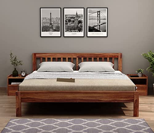 Image of Sheesham Wood Queen Size Bed Without Storage | Wooden Double Bed Cot Palang Furniture for Bedroom Living Room Home (Honey Finish)