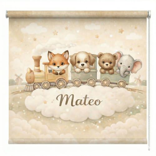 Estores Iroa - Estor Enrollable Infantil Personalizado con Nombre - Diseño Exclusivo Tren Animales niño - Tejido Translúcido Antibacteriano- Hecho a Mano