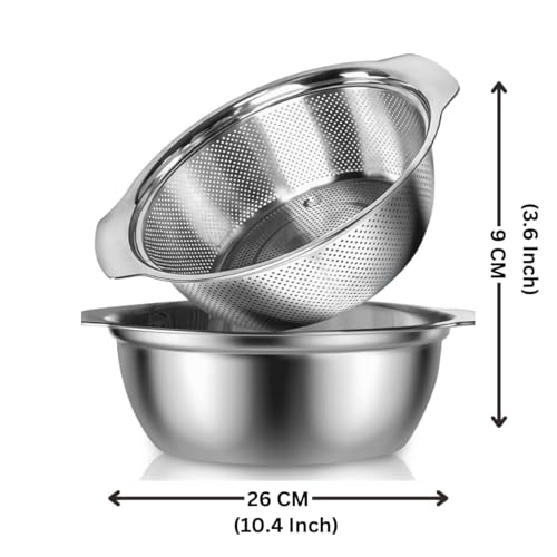Image of 2 Pcs Set Stainless Steel Colander with Mixing Bowl Set - Vegetable & Fruit Washing Strainer, Pasta Rice Drainer, Kitchen Strainer Bowl, Multipurpose Food Prep Colander (Combo)