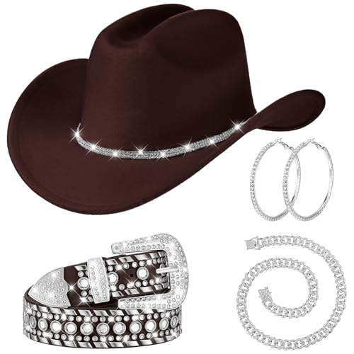 Image of Tisancy 4 Pcs Rhinestone Belt for Men Women Glitter Cowboy Hat Diamond Chain Earring Outfit for Party Supplies