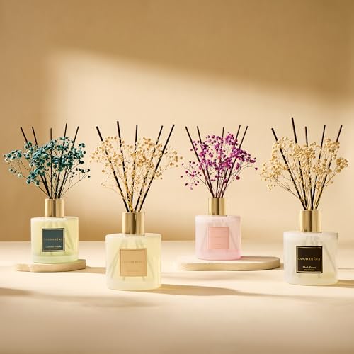 Image of COCORRINA Reed Diffuser - Clean Linen 17 Fl.oz Reed Diffuser with 8 Sticks Scented Diffuser with Preserved Flowers for Bathroom Home Decor