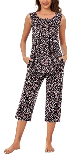 Bestbee Womens Sleeveless Pajama Sets 2 Piece Sleepwear Summer Lounge Outfits Henley Tanks Capri Pants Ladies Pjs2
