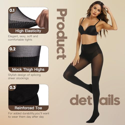 MANZI Black Faux Thigh High Opaque Tights Goth Mock Over Knee Stockings High Waist Warm Fake Sheer Pantyhose for Women4