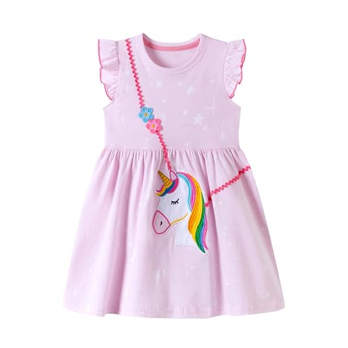 Pilipulu Robe Fille Licorne Enfant Robe Coton Courtes Casual Anniversaire Ete Fille Vetement 4 Ans