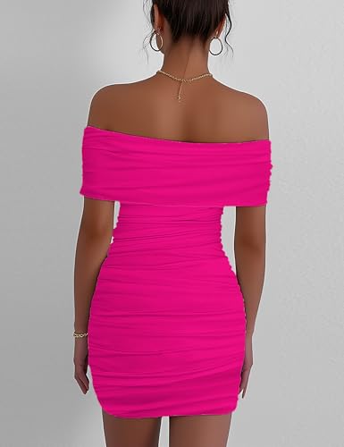 Image of Womens Off Shoulder Sleeveless Bodycon Dresses Ruched Solid Sexy Graduation Cocktail Party Mini Dresses