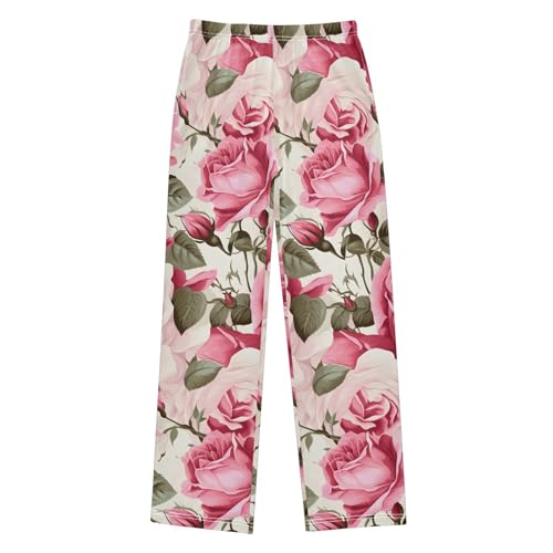 Pink Rose Vintage Floral Pajama Pants Long Sleep Pant Soft PJ Bottoms Sleepwear