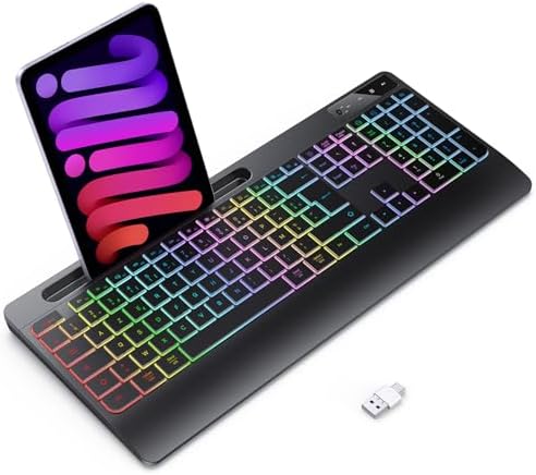 TECURS Clavier sans Fil avec Repose-Poignet- Gaming Clavier Ordinateur Silencieux Rétroéclairé, AZERTY USB Clavier Ergonomique 2.4G Rechargeable pour Windows, Mac, PC