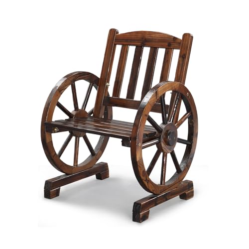 Image of VINGLI Rustic Wooden Wheel Bench Outdoor Bench, Patio Bench Wagon Slatted Seat, Garden Benches for Outdoors 350lbs High Capacity, Weather Resistance (Rustic, 23in)
