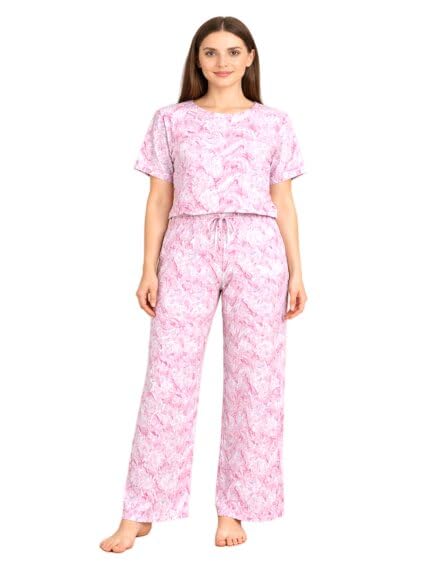Women’s Printed Half Sleeve Top & Palazzo Set | Polyester Soft & Breathable Relaxed Fit Nightwear & Lounge Wear Co-ord Set for Sleep & Home Comfort - Pink-image-16