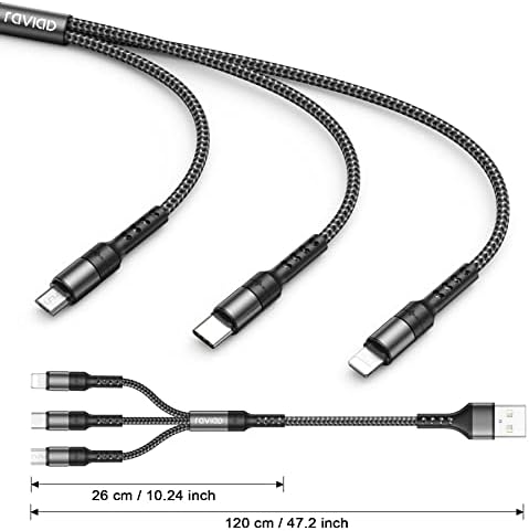 RAVIAD Multi Charger Cable, 3 in 1 Charger Cable [1.2M] Multiple USB Cable Nylon Braided with Micro USB Type C Lightning Cable Connector for iPhone, Android Samsung Galaxy, Huawei, Oneplus, LG- Grey