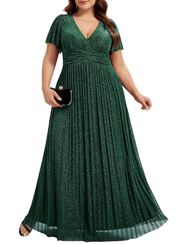 Image of Ever-Pretty Women's Plus Size Glitter Formal Dresses for Curvy Women A Line V Neck Gala Mother of Bride Dress Evening Gown