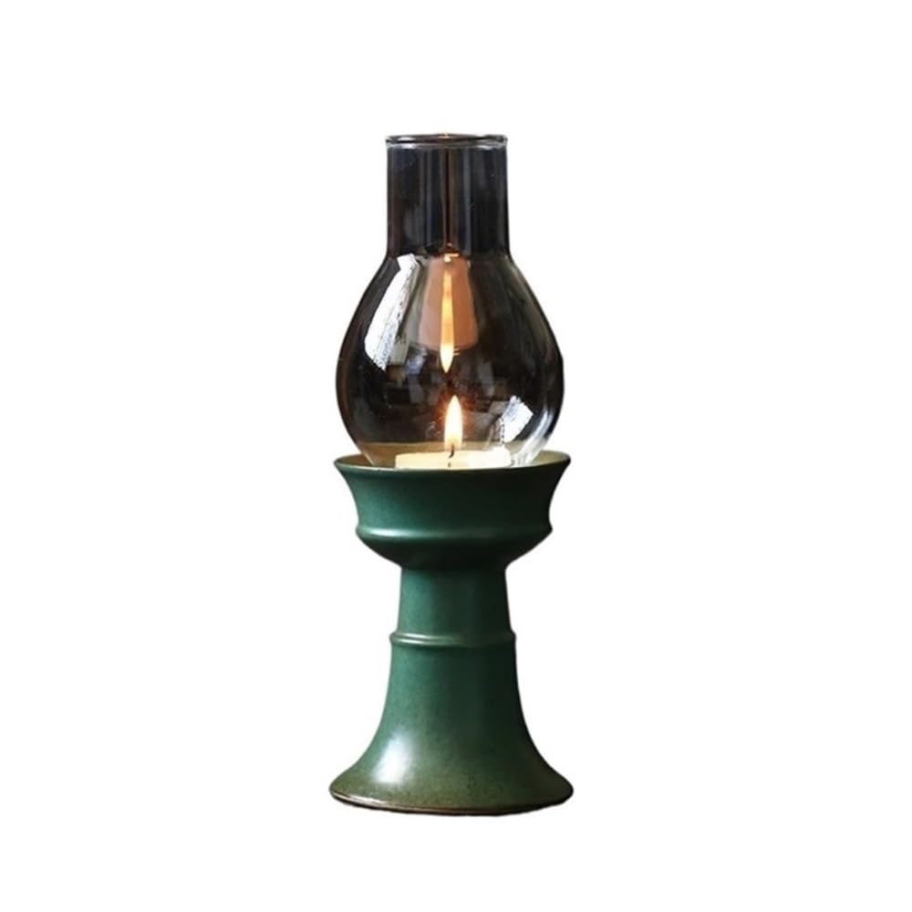 Candle Holder Ceramic Candle Holder With Glass Lampshade Retro Home Aromatherapy Decorative Ornaments(Green)