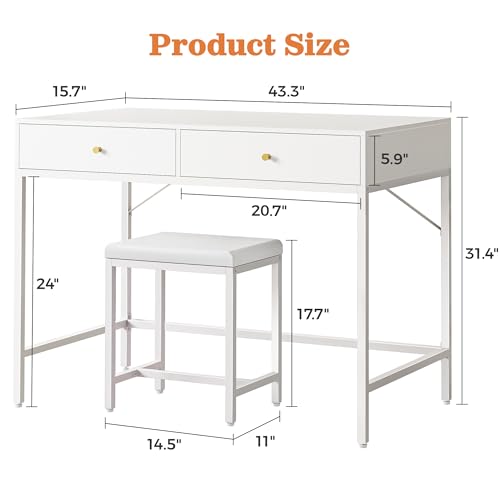 Image of SUPERJARE 43-inch White Desk with 2 Drawers and Padded Stool